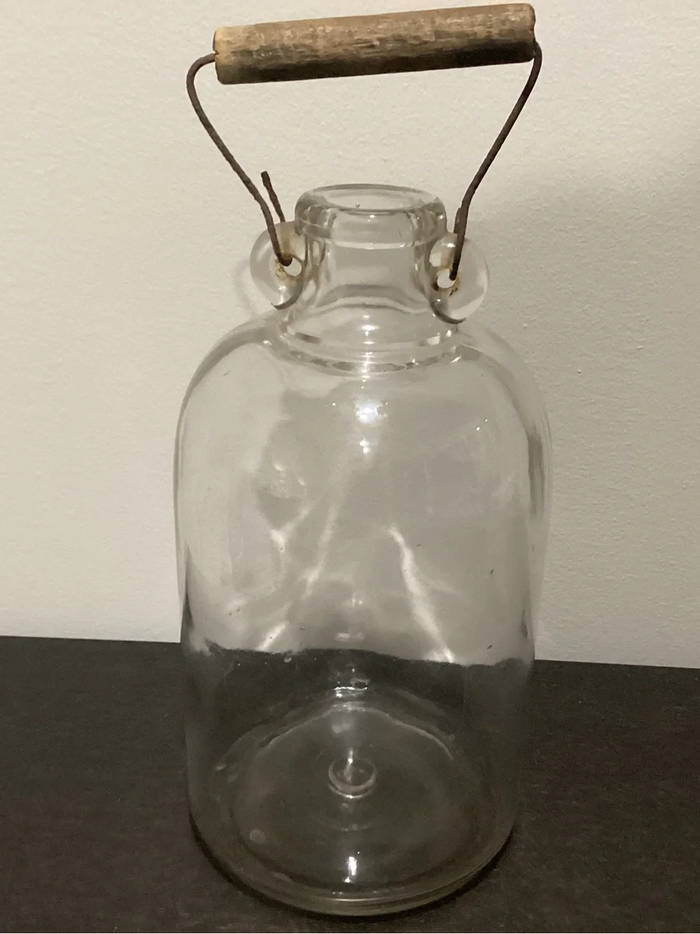 Vintage/Antique? 1 Gallon clear glass jug with traditional wire bail and wooden